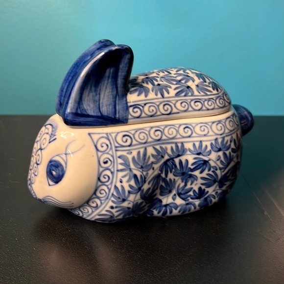 Vintage | Art | Vintage Hand Painted White Blue Ceramic Bunny Trinket ...